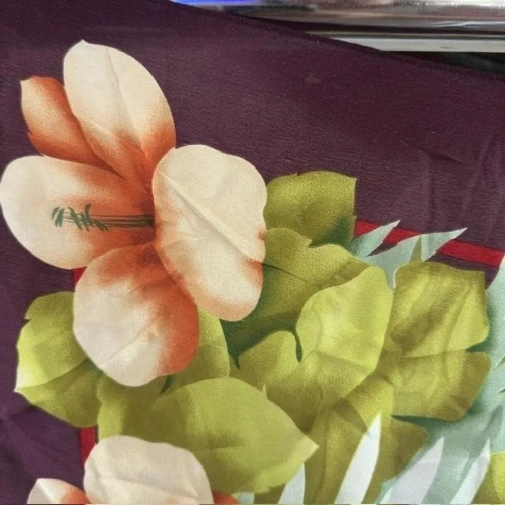 Vintage Oscar de la‎ Renta Silk Scarf Tropical Hibiscus Aubergine 31in Square